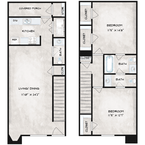 Floor plan for 2 beds, 1.5 baths, 950 sqft